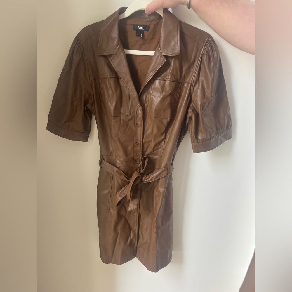 PAIGE Brown Leather Short Sleeve Dress